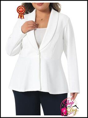 Plus Size Shawl Collar Peplum Blazer Button Up Long Sleeve Polyester Spandex